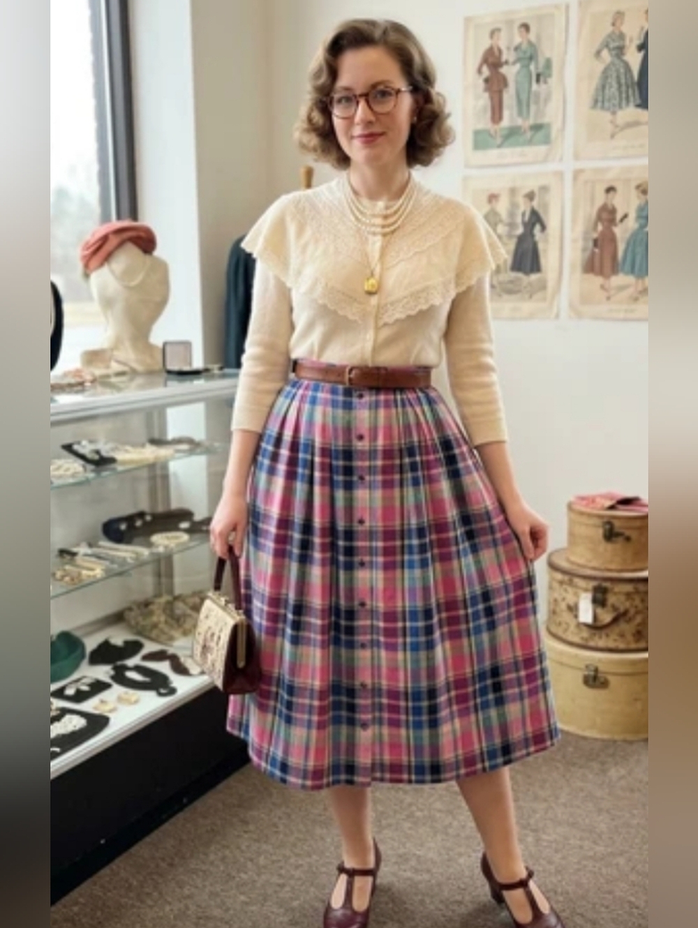 Jantzen Vintage 80's Button-Front Pink And Blue Plaid A-line Skirt Size 12